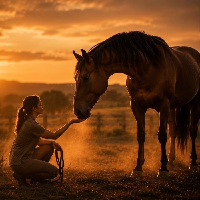 Pessoa e cavalo em momento de confiança
