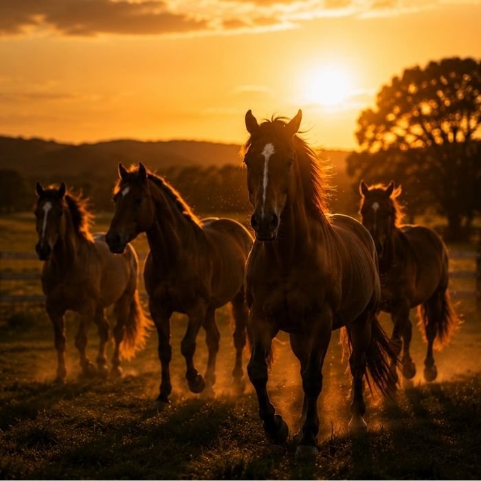 Cavalos correndo em grupo no pôr do sol