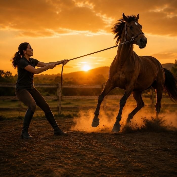 Pessoa trabalhando o cavalo na guia